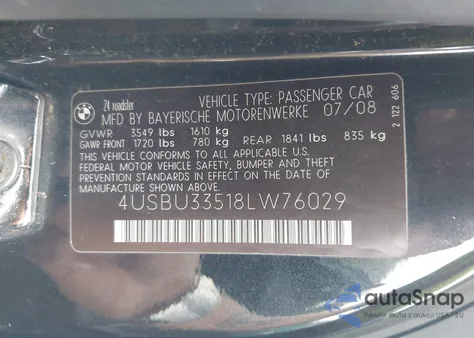 2008 BMW Z4 3.0I from USA, damaged, VIN 4USBU33518LW76029